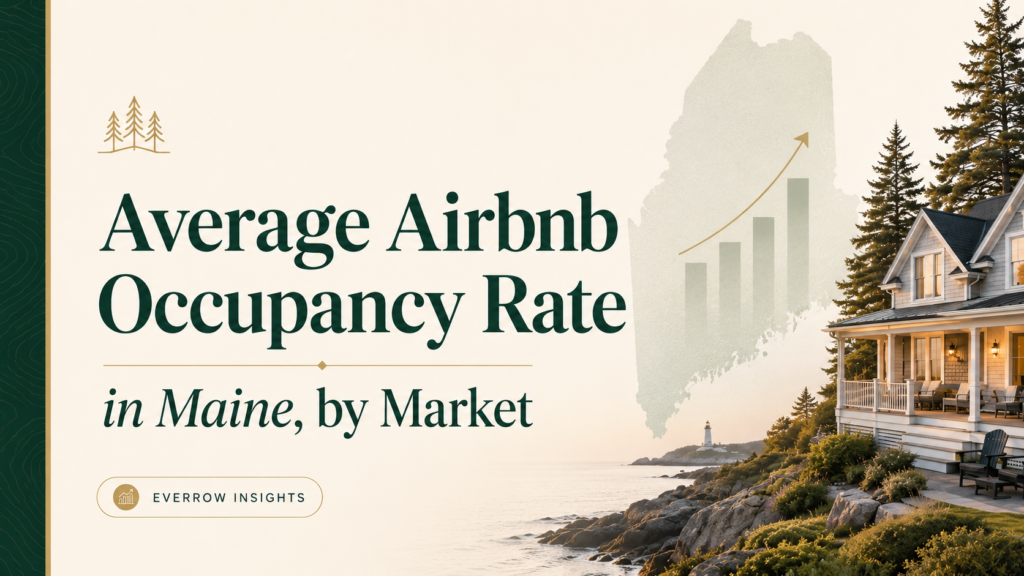 Hero illustration for Average Airbnb Occupancy Rate in Maine, by Market, showing a coastal Maine home, a rising-bar chart, and a silhouette of the state of Maine.