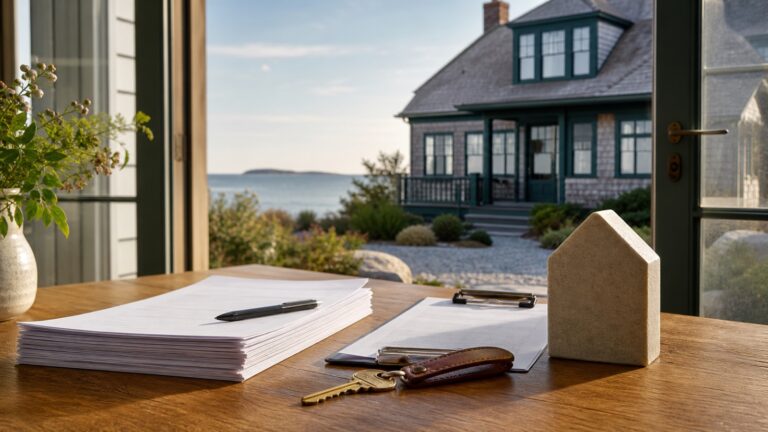 Insurance documents and house keys overlooking a coastal Maine vacation rental